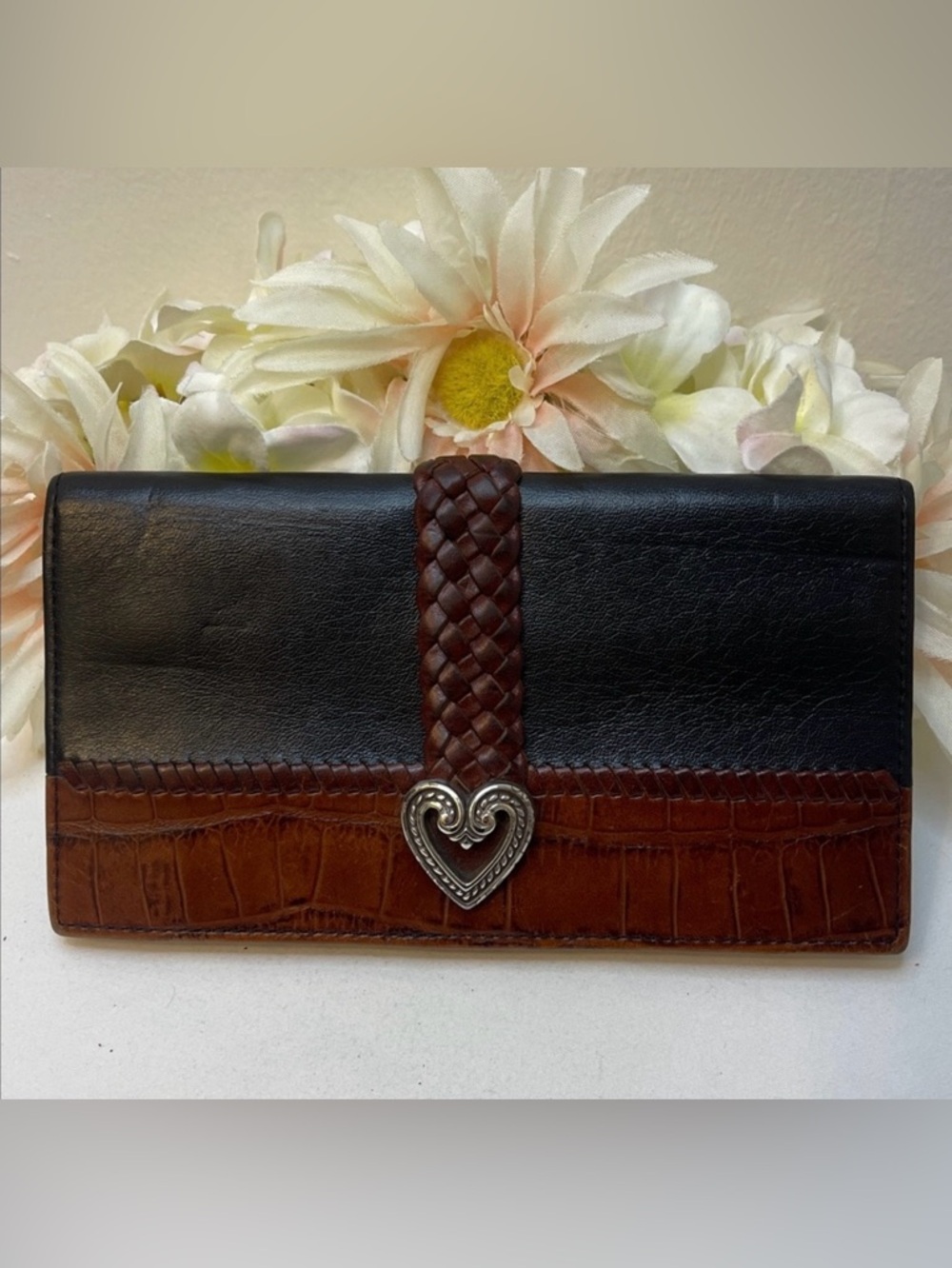 Brighton Vintage Black and Brown Wallet with Silver Heart Accent EUC